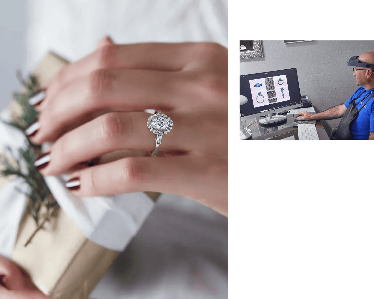 Woman's hand holding a gift box with a diamond engagement ring on it, while a man wearing a t-shirt